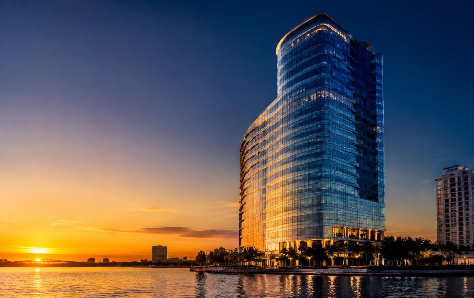 Waterfront office tower at dusk